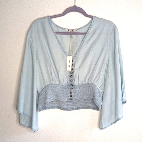 NWT Miss Selfie sz XL Denim light wash bell sleeve TOP. - Picture 2 of 9